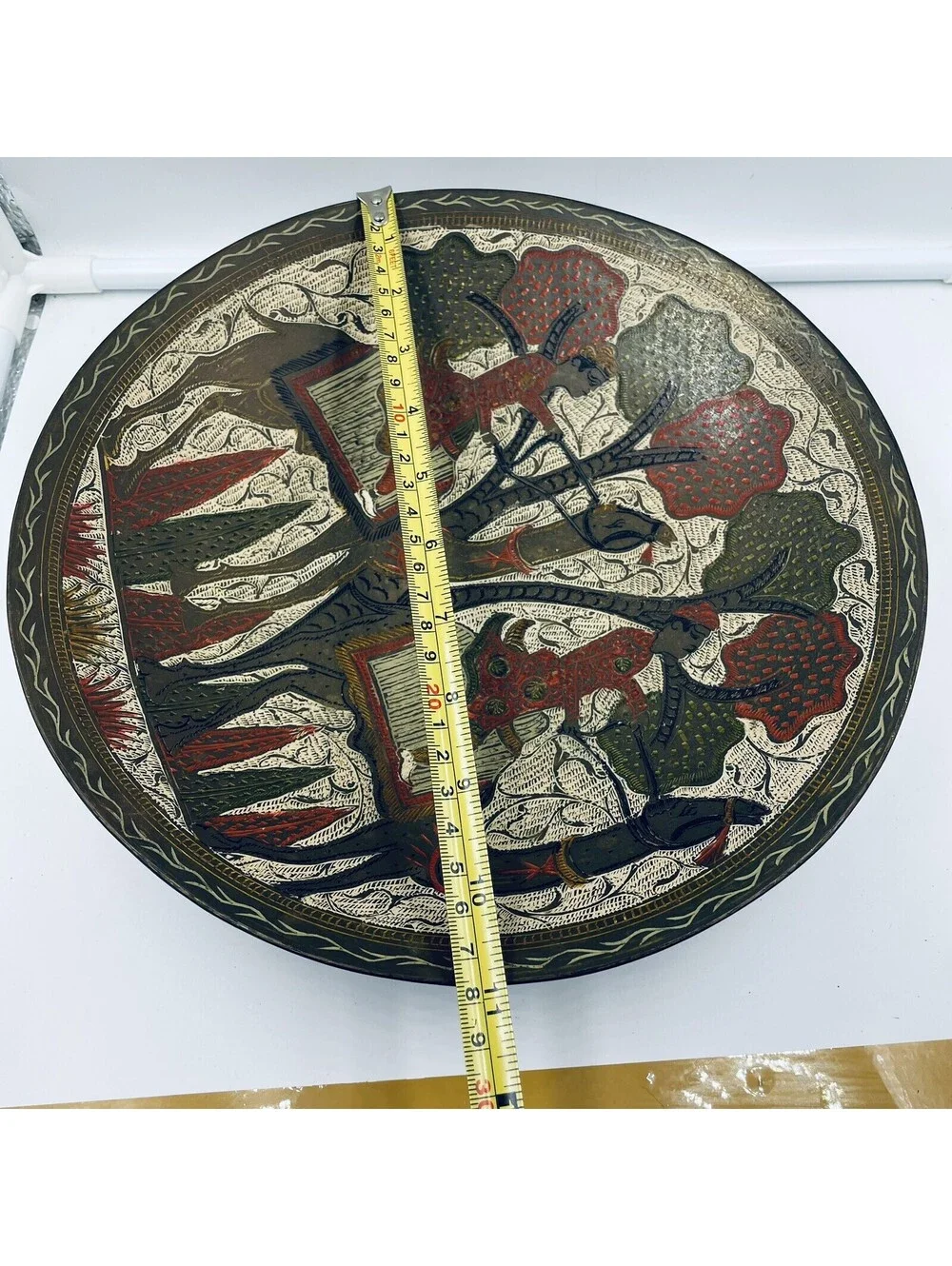 Vtg 11” Indian Hand Painted Brass Wall Charger Plates Camel Snake Boho Decor 2pc
